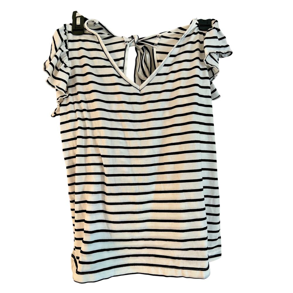Cupshe White Striped Top with Ruffle Sleeves & Bow Tie Back Nautical Tee Size S